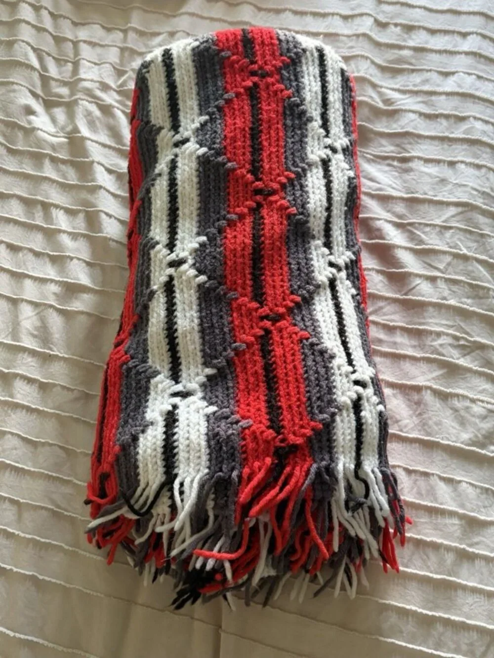 Vintage Hand Made Black White Red Gray Afghan Blanket Throw Fringe 81”x 52”